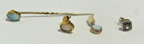 Diamond stud earring, set with old cut stone, possibly brown diamond, opal stickpin pendant, and