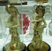 Pair continental tinted bisque figures in revived 18th century style, lady and gentleman, one having