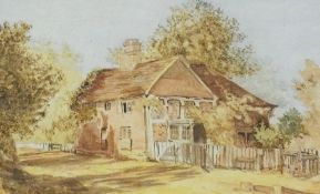 Watercolour drawing
Cottage scene by the side of a road, indistinct initials lower right, and