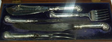 Levesley Brothers Victorian EPNS boxed carving and fish server set, viz:- pair fish servers, carving