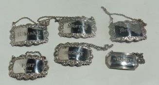 Six silver decanter labels, various, Whisky, Sherry, Port, Brandy etc.