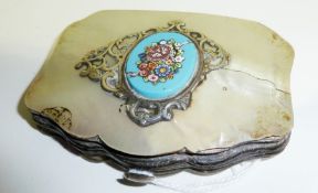 Mother-of-pearl, silver-coloured metal and mosaic purse, the front with a floral mosaic panel