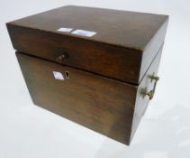 Oak writing box, with fold-out writing slope and red velvet insert, brass swan neck handles, a