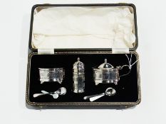 Pair George VI silver condiment set  to include:- open salt, pepperpot and mustard pot, with spoons,