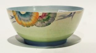 Clarice Cliff pottery bowl "Honeyglaze", painted with stylised flowerheads on a green and cream