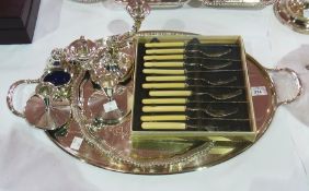 Large oval EPNS two-handled tray, EPNS waiter, two light candelabrum, set of fish knives and forks