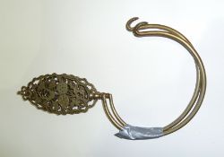 Pair Chinese pierced brass curtain hooks, each with trefoil loop, pierced and engraved pomegranate