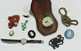 Pair green glass drop earrings, brooches, Ingersoll button-winding pocket watch and other items