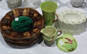 Carlton Ware leaf jug, mug, lid, Shelley jelly mould, quantity of plates