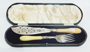 Pair ivory handled EPNS fish servers with pierced and engraved decoration, cased