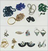 9ct gold locket, quantity foreign silver coloured metal earrings, glass beads and other costume