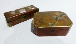 Oriental inlaid jewellery box, with brass mounts, hinged lid to padded section jewellery