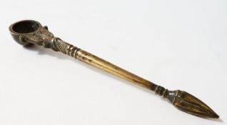 Brass absinthe spoon, with pointed finial handle, with deep circular spoon end