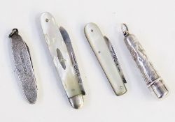 Two mother-of-pearl and silver folding fruit knives, small silver penknife with foliate decoration