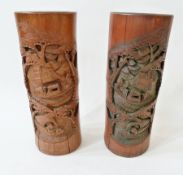 Two twentieth century bamboo brush holders, carved with boats