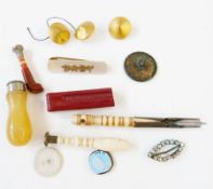 Agate-handled small seal, bone quill pen, with Stanhope and other items