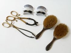 Pair silver plated hair brushes, shoehorns, walking stick, spurs, and a quantity of brass items