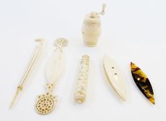 Carved bone umbrella pattern needle case, tortoiseshell and bone tatting shuttles, turned ivory
