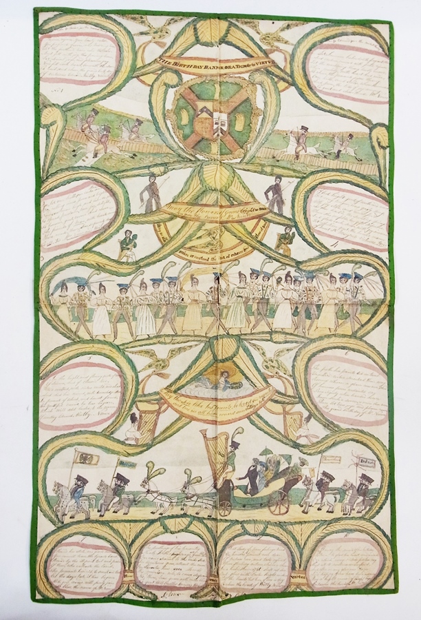 Hand painted "Birthday Banner" c.1820's depicting festive scenes