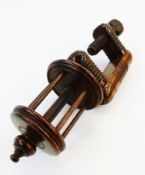 Rosewood turned and carved thread bobbin winder, with turned finial and clamp