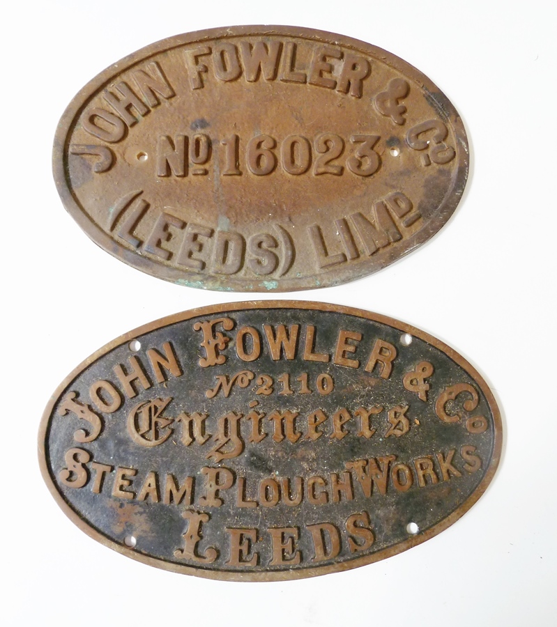 Two plaques, marked John Fowler & Co. no. 16023, (Leeds), and no. 2110 Engineer Steam and Launch