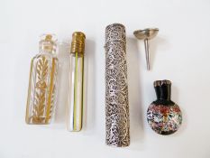 Coloured and brass scent phial, cylindrical with coloured stripes, glass and foil scent flask,
