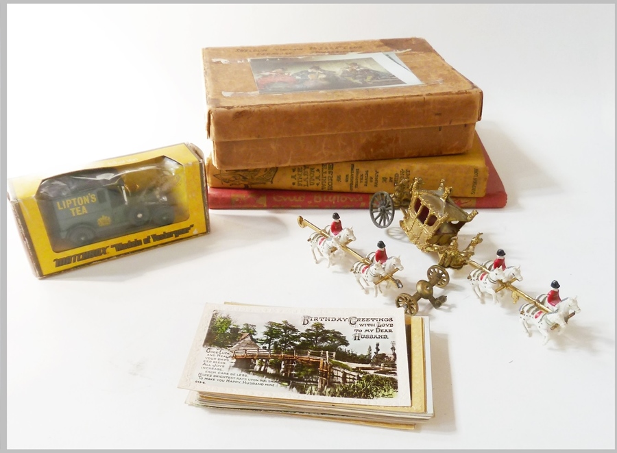 Matchbox models of yesteryear: Liptons Tea, quantity of postcards, a coronation carriage, a box