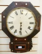 Nineteenth century mother-of-pearl inlaid stained wood drop-dial wall clock, having octagonal