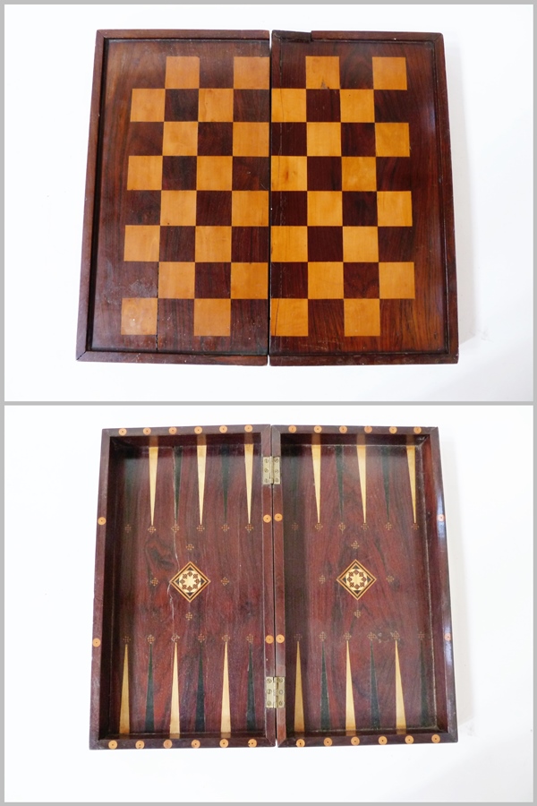 Mahogany inlaid games box, chess and backgammon, with pieces