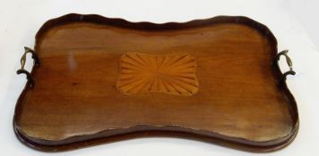 Edwardian mahogany kidney-shaped tray, with wavy edge gallery and brass carrying handles,