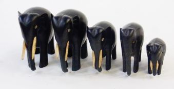 Set of 5 graduated carved ebony elephants