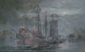Red velvet photograph album, and a watercolour on card of a ship at night (2)