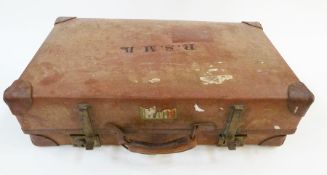 Leather and brass mounted brown suitcase, early to mid-twentieth century, the interior with