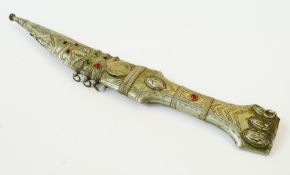 Arabic dress dagger with engraved and decorated hilt and scabbard, 12.5"