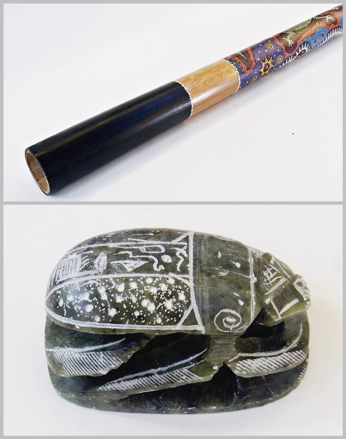 Australian didgeridoo, circa 1970, painted bamboo and an Egyptian soapstone carved scarab (2)