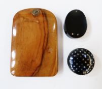 Victorian figured wood, possibly walnut, sliding notebook, small tin and small black folding eye