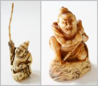 Japanese carved ivory netsuke, in the form of a seated warrior (af, hands missing), and a modern