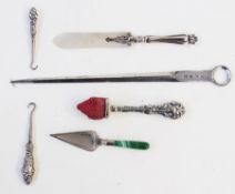 Victorian small silver brush handle (brush missing), small silver and mother-of-pearl letter opener,