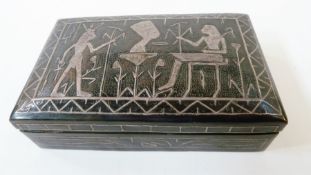 Rectangular Egyptian nello-ware, white metal decorated box, 16cm wide