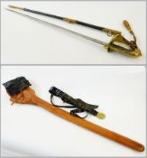 Royal Naval Officers sword complete with oilskin cover and leather scabbard with leather belt