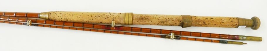 Early 20th century three piece split cane fishing rod made by Ocden and Scotford of Cheltenham