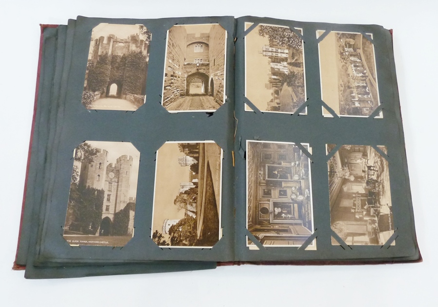 Old red postcard album with approx 360 cards, topographical with real photographs, many of walks