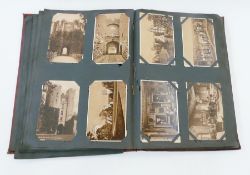 Old red postcard album with approx 360 cards, topographical with real photographs, many of walks