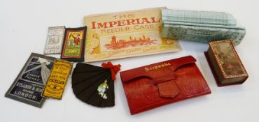 Leather folding keepsake sewing kit, containing pins, sheet of Kirby, Beard & Co. pins, Ryland &