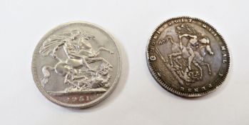 George III crown, 1820, Edge LX, George III copper two pence, 1797, counter marked H. Warrilow (3