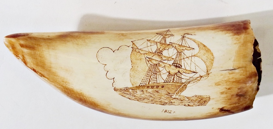 Scrimshaw decorated with sailing ship dated 1812