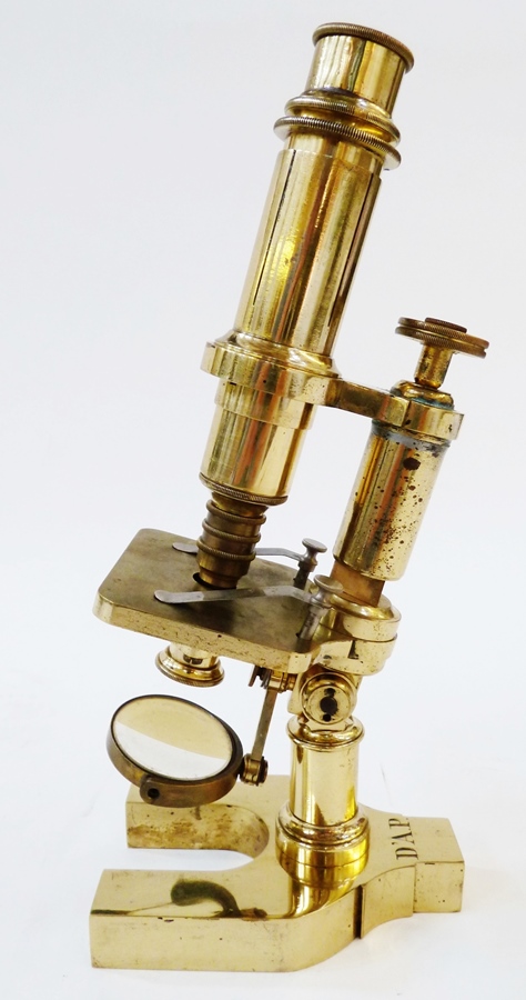 19th century brass microscope engraved "D'A.P", in fitted mahogany box