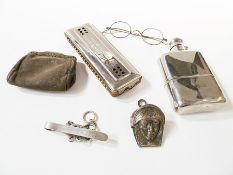 Quantity of collectable items, to include "The Bluebird" harmonica, hip flask, purse, spectacles,