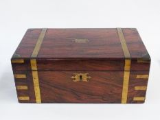 Victorian brass-bound figured walnut writing slope, interior with gilt-tooled leather panel and