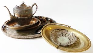 Copper warming pan, copper kettle and various items of silver plate